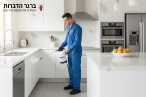 טכנאי הדברה מקצועי שלובש חליפת מגן כחולה בסגנון סוודר, מרסס נגד ג'וקים.