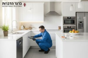 טכנאי הדברה מקצועי בחליפת סוודר כחולה מדגים אמצעי מניעה נגד ג'וקים בתוך בית מודרני