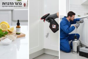 תמונות מפוצלות של קונספט של הדברת ג'וקים. משמאל, תרופה ביתית טבעית עם מרכיבים כמו סודה לשתייה, לימון ושמנים אתריים מונחים בצורה מסודרת על דלפק המטבח. באמצע, בקבוק ריסוס מודרני של קוטל ג'וקים כימי מונח ליד הרצפה. מימין, טכנאי הדברה מקצועי בבגד מגן כחול המשתמש בציוד מיוחד.