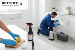 אדם בכפפות כחולות מניח תרופות טבעיות כמו סודה לשתייה ולימון על הדלפק, בקבוק תרסיס ג'וקים גלוי מונח בקרבת מקום, וברקע טכנאי הדברה מקצועי בבגד מגן כחול בודק את הרצפה.