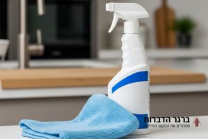 בקבוק ריסוס ומטלית ניקוי על דלפק המטבח, מסמלים היגיינה לאחר טיפול.