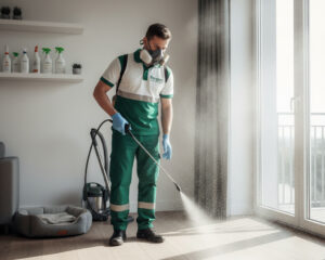 טכנאי הדברה מרסס טיפול נגד פרעושים על רצפת דירה נקייה, המסמל ניהול מזיקים משולב והיגיינה.