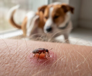 תקריב של פרעוש נושך עור אנושי עם אדמומיות ונפיחות, המסמל את הסיכונים הבריאותיים של נגיעות פרעושים.